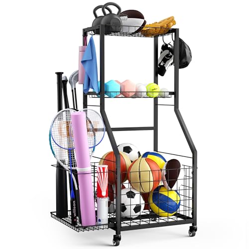 Garage Sports Equipment Organizer with Wheels - 3-Tier Ball Storage Rack
