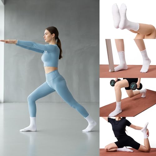 Pilates Socks for Women - Non-Slip Grip Ruffle Crew, 4 Pairs White