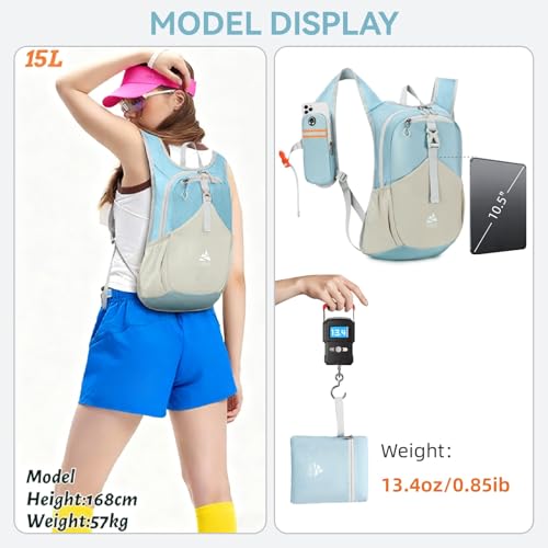 UtiaMiaoGonGo 15L Blue Small Hiking Backpack for Women & Men, Lightweight Foldable Daypack