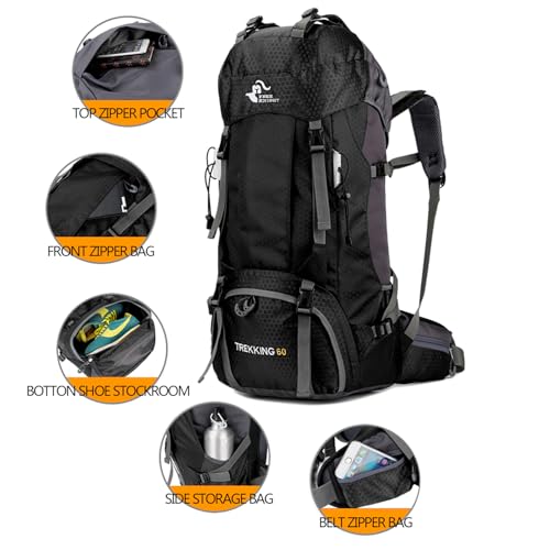 Bseash 60L Waterproof Hiking Backpack with Rain Cover – Black Large Daypack for Camping