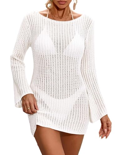 Crochet Knit Swimsuit Cover-Up Dress - Bell Sleeve, Boat Neck