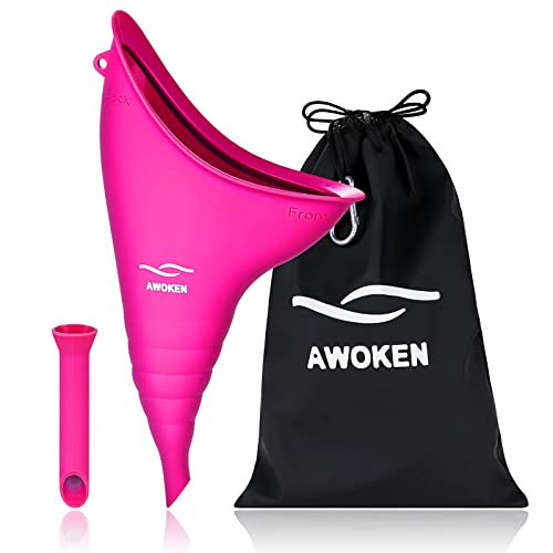 AWOKEN Rose Red Female Urination Device - Silicone Standing Pee Funnel for Women, Reusable Camping/Hiking