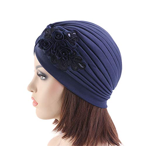 Qianmome Women's Sequin Flower Turban Head Wrap Black - Elegant Muslim Beanie