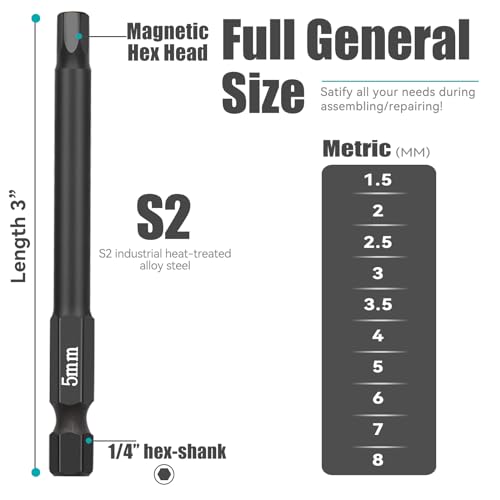 10 Piece Hex Head Allen Wrench Drill Bit Set, 1/4 Inch Hex Shank Metric Sizes 1.5mm to 8mm S2 Steel Allen Power Bit Set, Magnetic Tips 3 Inch Long