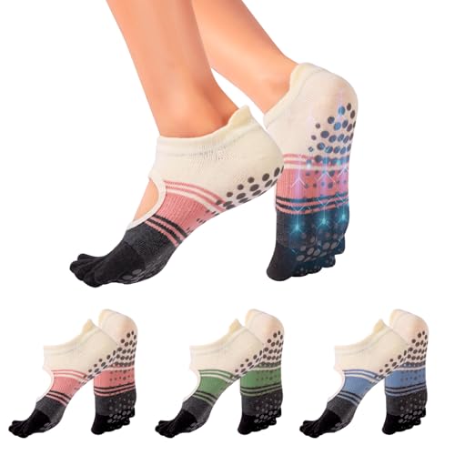 Non-Slip Pilates Socks with Toe Separators - 3pcs Pink Green Blue