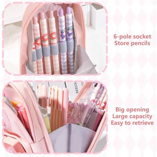Large Capacity 3-Layer Pencil Case with 6 Compartments - B Pink