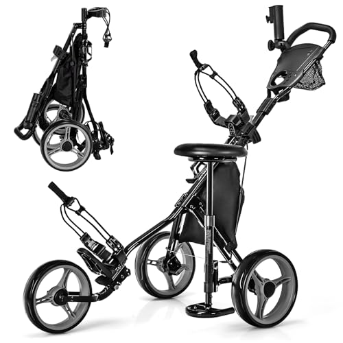 3-Wheel Golf Push Cart with Adjustable Seat - Gray