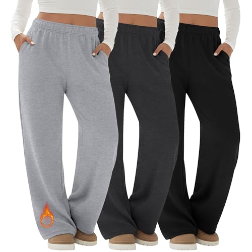 Velvelhall 3 Pack Women's Fleece Wide Leg Sweatpants – Black / Carbon Mixed Gray / Light Mixed Gray, Plus Size XL-5XL