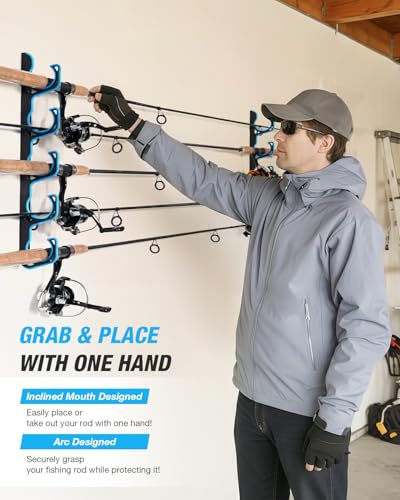 Ghosthorn Fishing Rod Rack - Wall or Ceiling Mounted Pole Holder for 5 Rods, Blue, 1 Pack