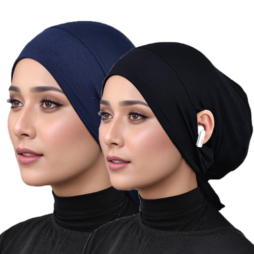 Hophor Black & Navy Hijab Undercaps Slouchy Beanies for Women Muslim Jersey Inner Cap