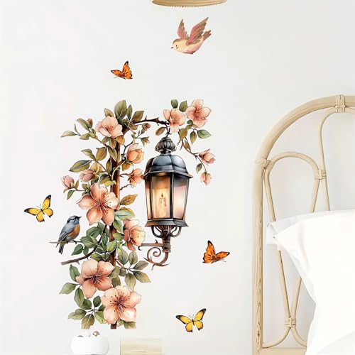 Street Lamp Flower Butterfly Wall Stickers, sacinora Streetlight Floral Art Wall Decals Removable Vinyl Peel and Stick for Living Room Bedroom Playroom Home Decorations