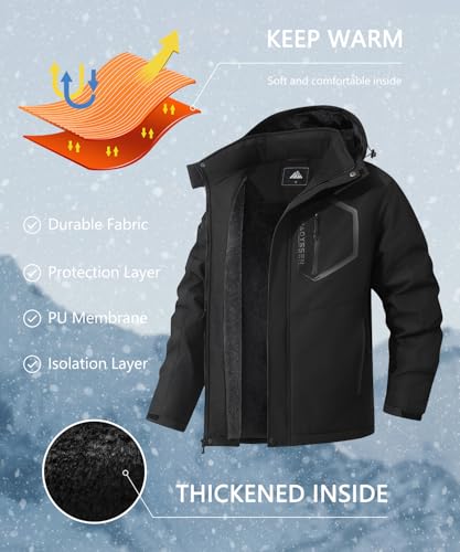MAOYSSEN Men’s Mountain Ski Jacket Black XL - Waterproof Winter Coat with Fleece Lining