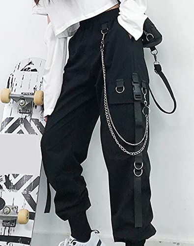 Women's Wide Leg Cargo Pants with Elastic Waist and Chain