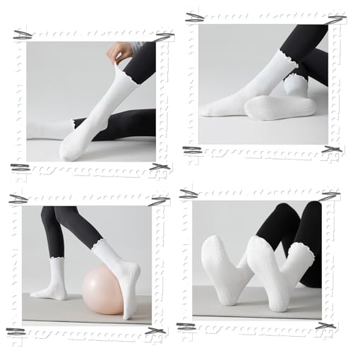 Pilates Socks with Grips - 3 Pairs Non-Slip Ruffle Ankle - White & Black