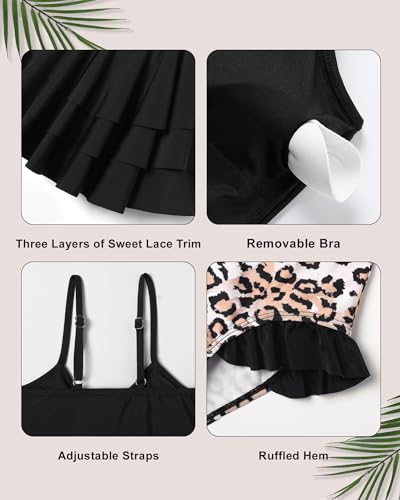 Girls Tiered Ruffled Bikini Set - Adjustable Straps, 7-8 Years Black