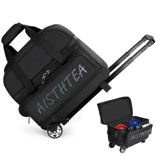 Aisthtea Black 2 Ball Bowling Bag with Wheels, Lightweight Roller