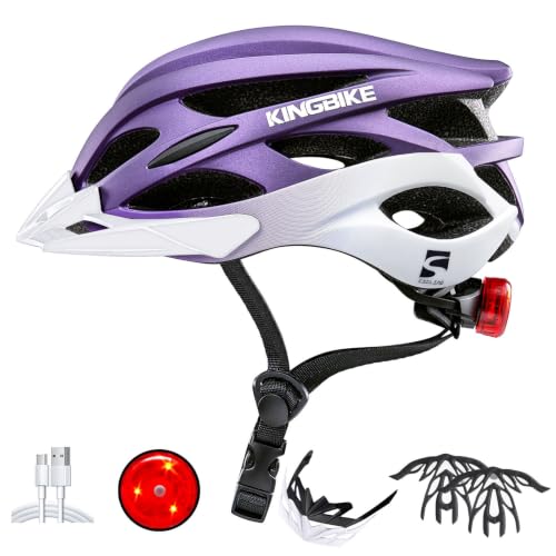 Bike Helmet with USB Rechargeable Light & Visor - Purple White M(52-56CM)