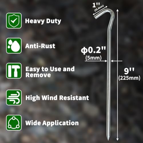Heavy Duty 9 Inch Metal Tent Stakes - 8 Pcs Anti-Rust
