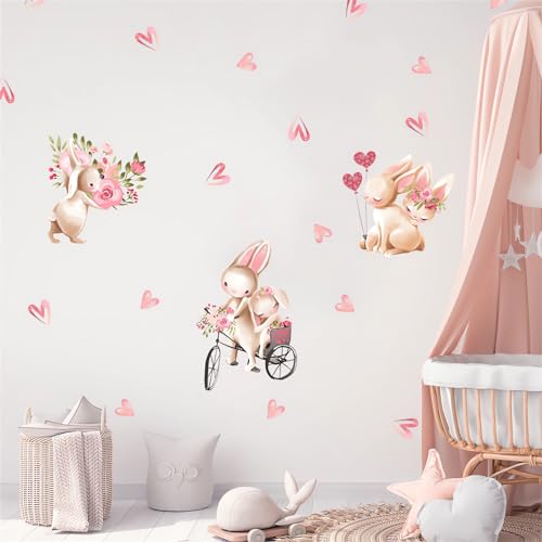 Cute Pink Bunny Love Pattern Wall Stickers, sacinora Little Rabbit Cartoon Animal DIY Wall Decals Removable Vinyl Peel and Stick for Kids Baby Girl Nursery Bedroom Toddler Room Kindergarten Decoration