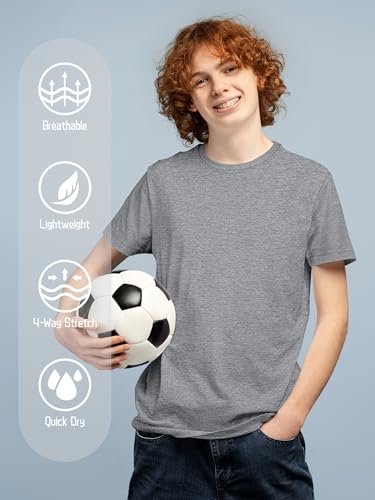 Boys Athletic Dry Fit T-Shirts - 5 Pack, 12-14 Years, Black, Mottled Red, Dark Gray