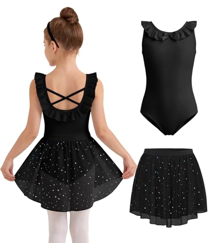 Girls Ballet Leotard with Ruffle Trim & Removable Skirt - Black, 5-6 Years