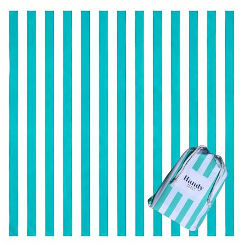 Teal & Stripes Extra Large Beach Picnic Blanket 7x7 ft Sandproof Waterproof Windproof with Umbrella Hole