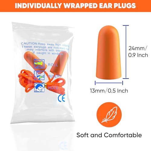 Foam Corded Ear Plugs 100 Pair - 32dB Noise Cancelling Shooting Hearing Protection Ear Plugs for Noise Reduction Construction Work Safety Mowing Industrial - Disposable Ear Plugs with Cord Bulk