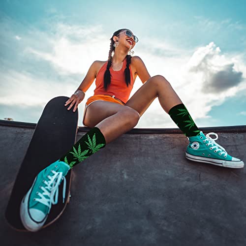 Weed Leaf Printed Cotton Tube Socks - One Size Black Green