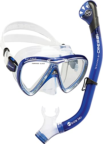 Cressi Adult Snorkeling Kit - Translucent Cobalt/Clear Mask & Dry Snorkel, Italy Design