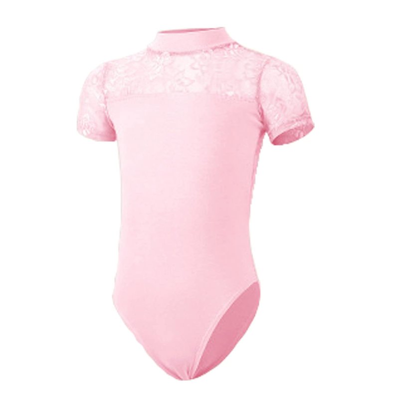 TAIKMD Girls' Lace Ballet Leotard Short Sleeve Dance Gymnastics Bodysuit Tights Dancewear Costume One Piece Outfit (Pink, 7-8)