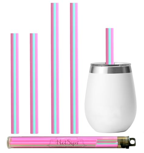 HotSips Reusable Straw Set with Case - Pink w/Aqua Stripe, 4-Straw (2 small & 2 medium), BPA-Free, Oval Design