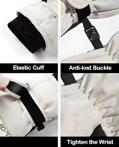 Kids Winter Ski Gloves - Windproof Water-Resistant Thermal - Off-White