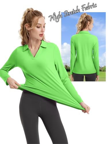 Women's Long Sleeve V-Neck Tennis Golf Shirt - Athletic Sport Top - Lime Green