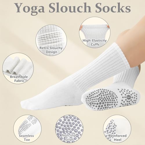 Slouchy Pilates Socks with Grips - 4 Pairs - White, Black, Gray, Off White