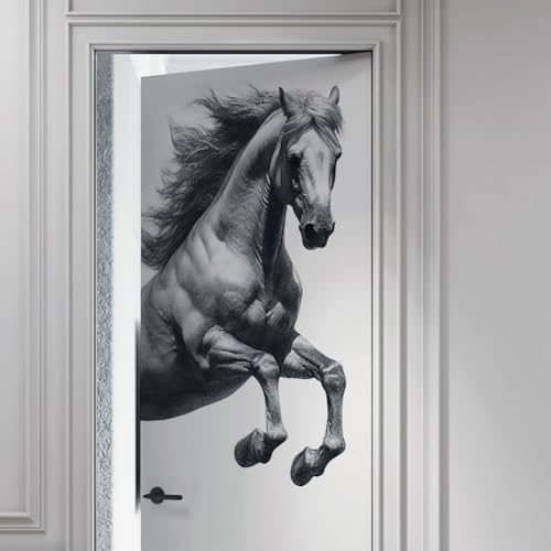 Removable Horse Wall Decals Hand Painted Retro Gray Jumping Horse Door Stickers Peel and Stick Wall Art Murals Home Decor
