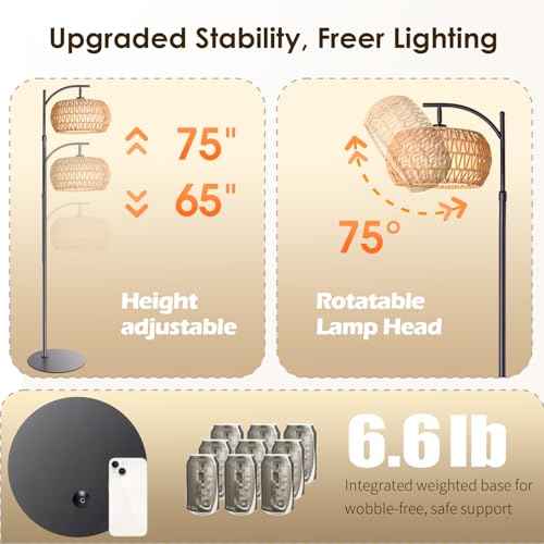 DRAWNCAT Boho Rattan Floor Lamp with Shade - 12W Bright LED Bulb, Adjustable Height 48-60 Inch, Remote Control 3 Color Temperatures,Farmhouse Handwoven Arc Standing Light for Living Room Bedroom