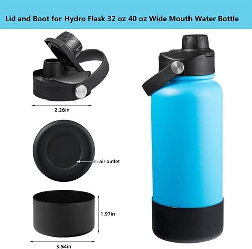 Wide Mouth Lid Replacement with Silicone Boot for Hydro Flask– 20 32 40 64 oz Chug Cap & Bumper Set, BPA Free Spout Top with Flex Handle, Protective Boot for Noise Reduction & Non-Slip (Black)