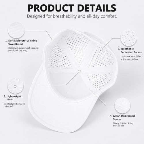 Syimnuor White Waterproof Quick Dry Baseball Cap Snapback Trucker Hat for Men Women