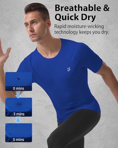 Roadbox Men's Compression Shirt Short Sleeve - Small Black/White/Royal Blue 3-Pack Athletic Workout Tops