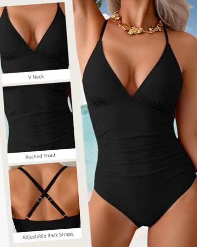 Women's Black V-Neck One-Piece Swimsuit with Tummy Control - Large Size
