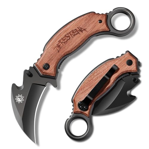 Plys Folding Karambit Knife for Tactical: 2.36 Inch Claw Knives - Portable Stainless Steel Multi-functional EDC Knife with Wood Handle and Clip Small Knives for Men