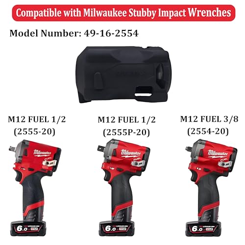 49-16-2554 Impact Driver Protective Boot Fits Milwaukee M12 FUEL 3/8in. and 1/2in. Stubby impact wrenches 2554-20 2555-20 2555P-20,Durable Rubber Cover,Black (Boot Only)