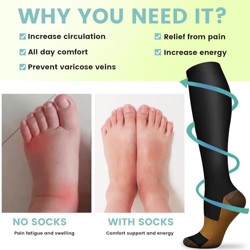Copper Compression Socks 15-20 mmHg - 8 Pairs, Black, Large-X-Large