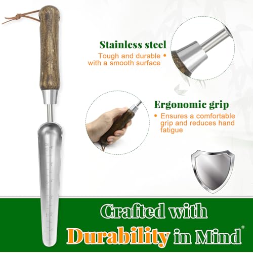 Narrow Stainless Steel Garden Trowel with Wood Handle - Heavy Duty Hand Shovel for Precise Planting, Weeding, Digging & Transplanting - Ergonomic Gardening Tool with Depth Markings