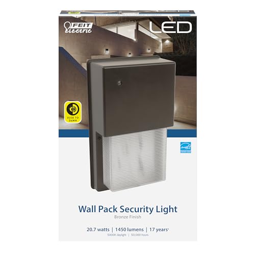 Feit Electric 20W LED Outdoor Wall Pack Lights with Photocell, Dusk to Dawn, Wall Mounted Security Light, 120V, 80 CRI, 1450 Lumens, 5000k Daylight, Bronze, 4 Pack, S10WPK/850/DD/BZ/4