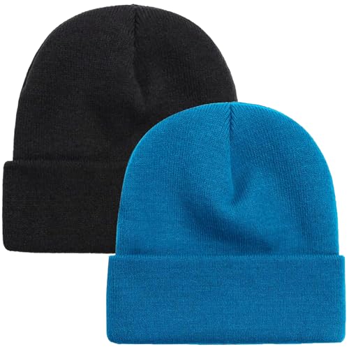 Warm Winter Beanie for Men & Women - Soft Knit Cuffed Hat - Sea Blue/Black