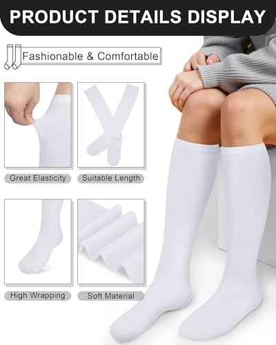 Senker Fashion Large White Cotton Knee High Socks 4 Pairs for Women