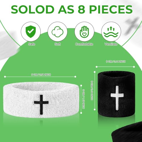 8-Pack Moisture-Wicking Cross Embroidered Wrist & Bicep Bands - Black & White