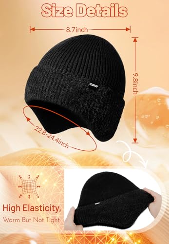 Mens Winter Hat with Ear Flaps - Thermal Beanie, One Size Black