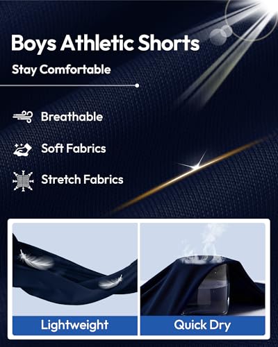 Boys Basketball Athletic Shorts - 5 Pack Quick Dry, Large - Black, Dark Grey, Navy, Dark Green, Dark Red